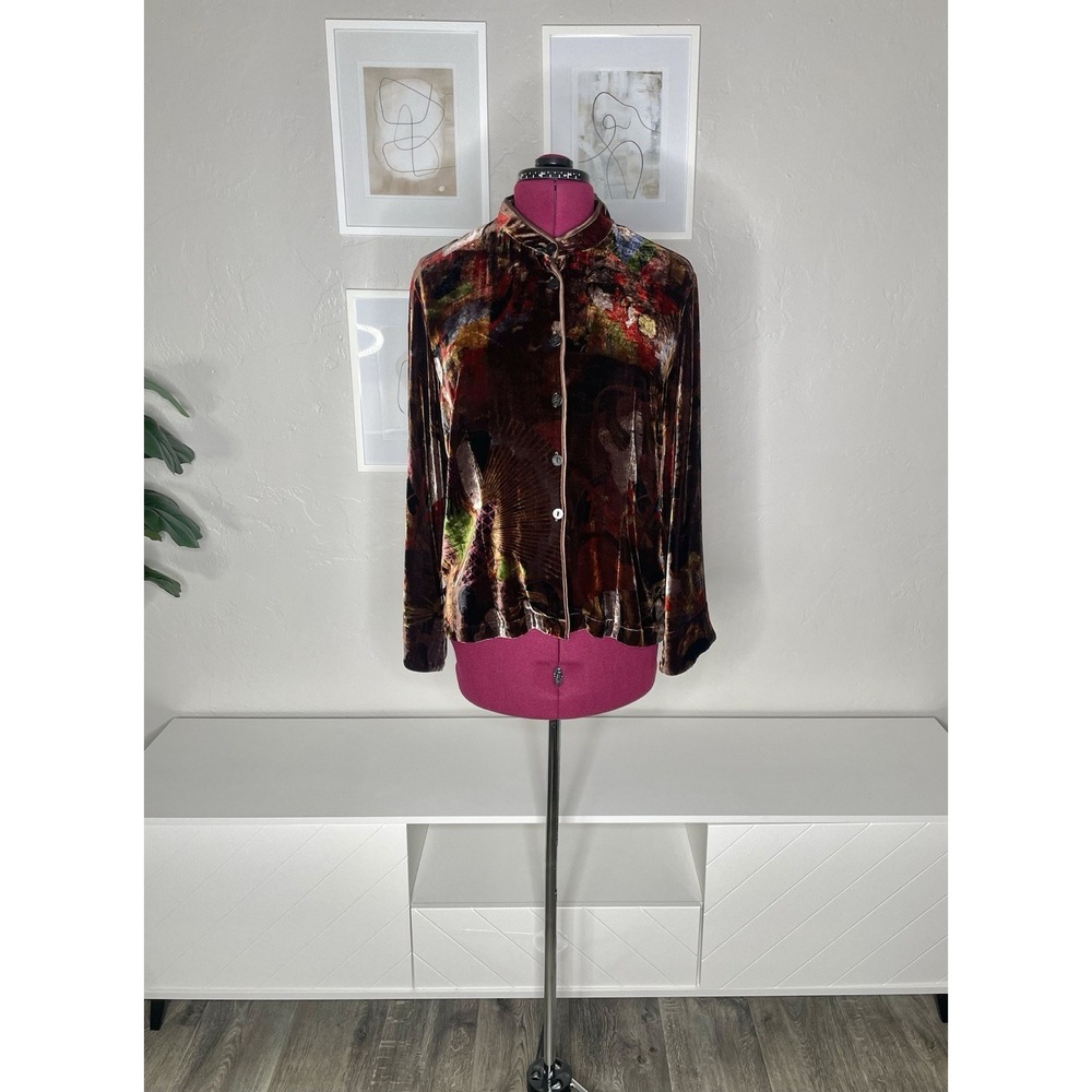 Citron Santa Monica Top Womens L Velvet Asian Art-to-Wear Mandarin Collar Button